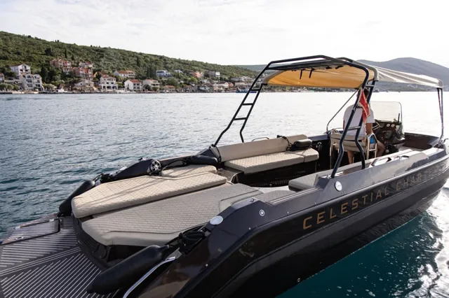 Speedboat seating and canopy on the calm bay