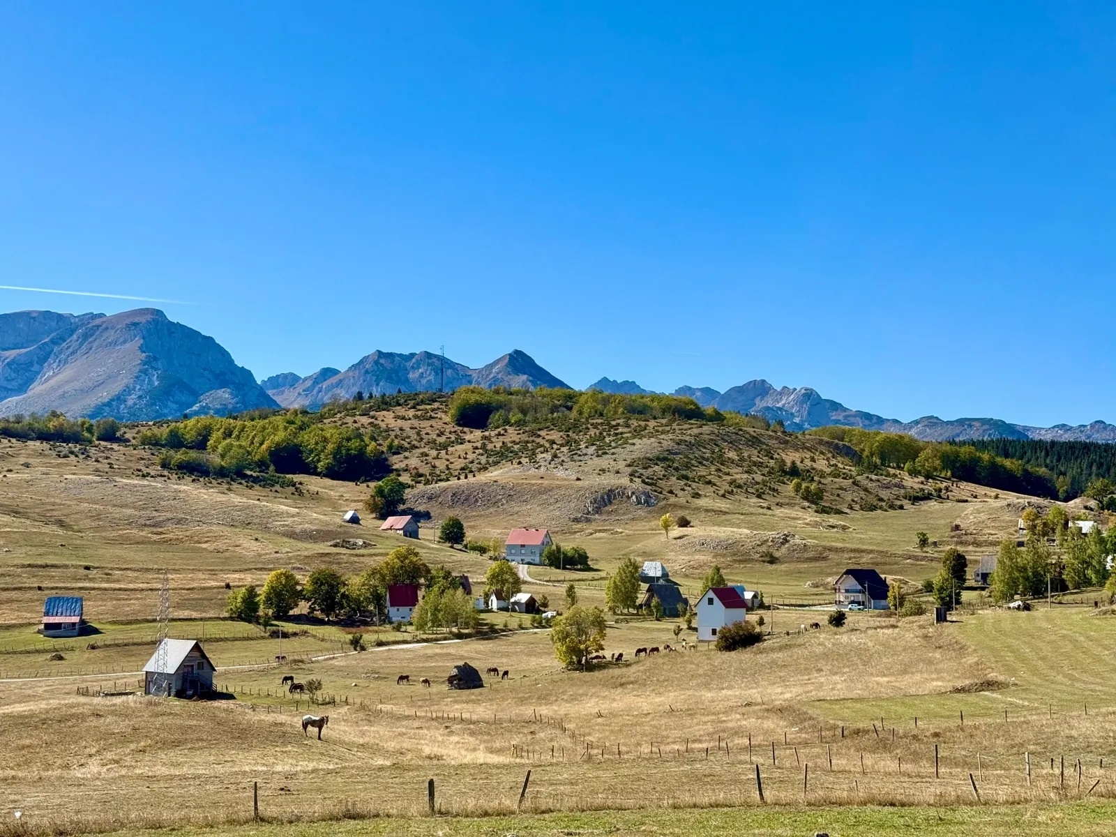 Open Durmitor countryside with cabins and distant mountain peaks
