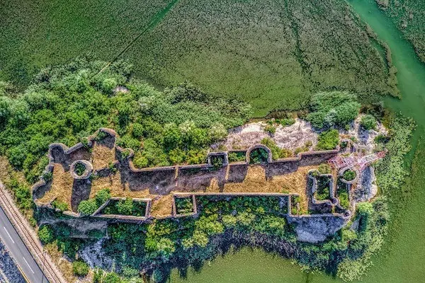 Aerial view of Lesendro fortress beside Skadar Lake