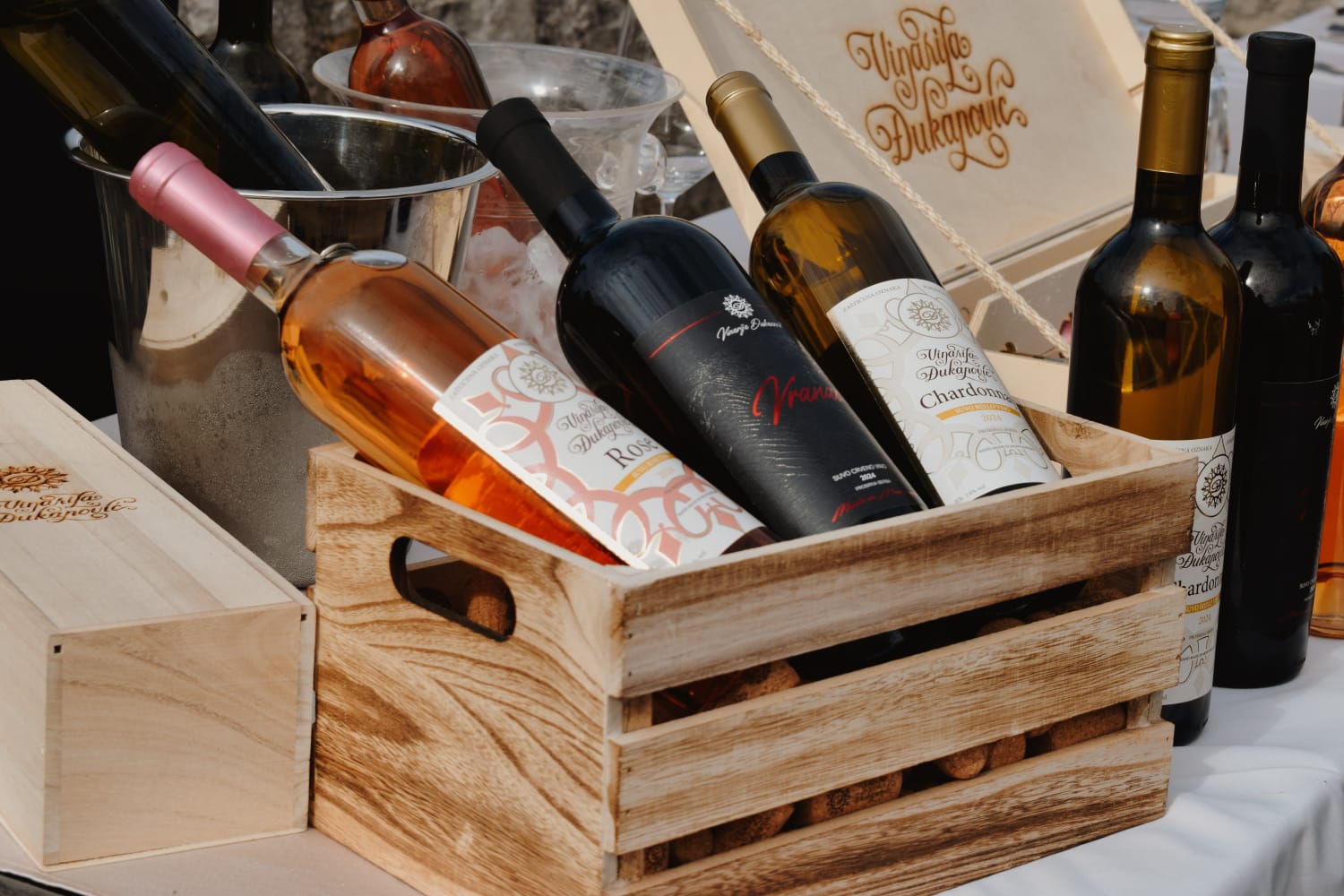 Chardonnay, Rosé and Vranac wines produced by the vineyard